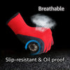 Red breathable nitrile work gloves showing a protective layer and a cloud of vapor.