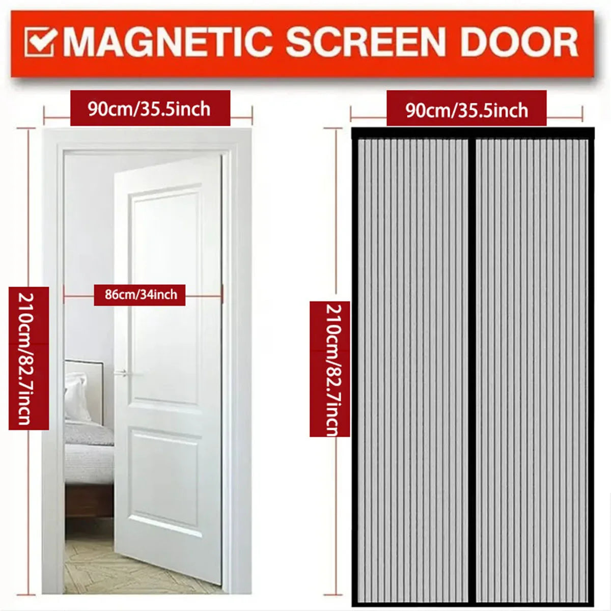A white magnetic screen door with vertical slats shown in a doorway frame.