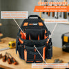 Bolsa organizadora de herramientas negra y naranja con 16 bolsillos y correas para guardar herramientas y accesorios.