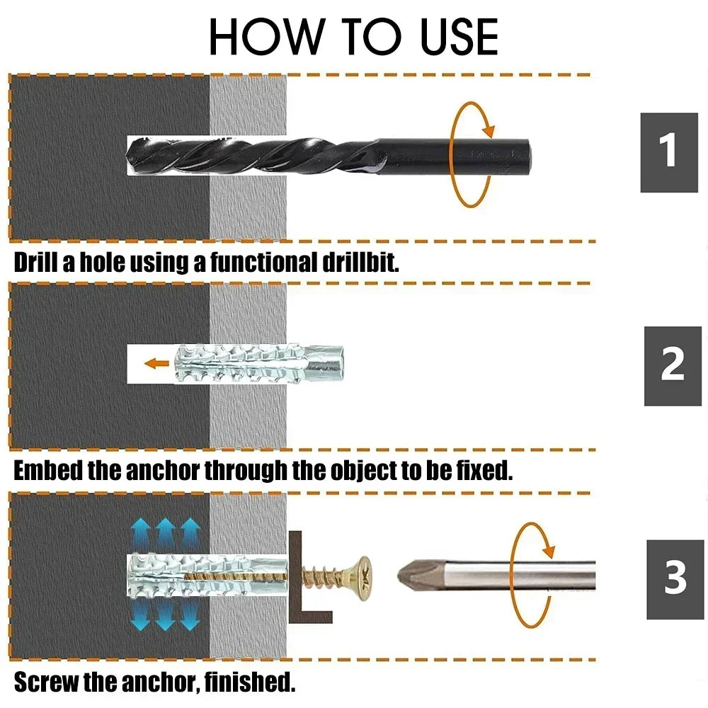 Instructions showing how to use metal serrated expansion screws for concrete anchors, including drilling and screwing.