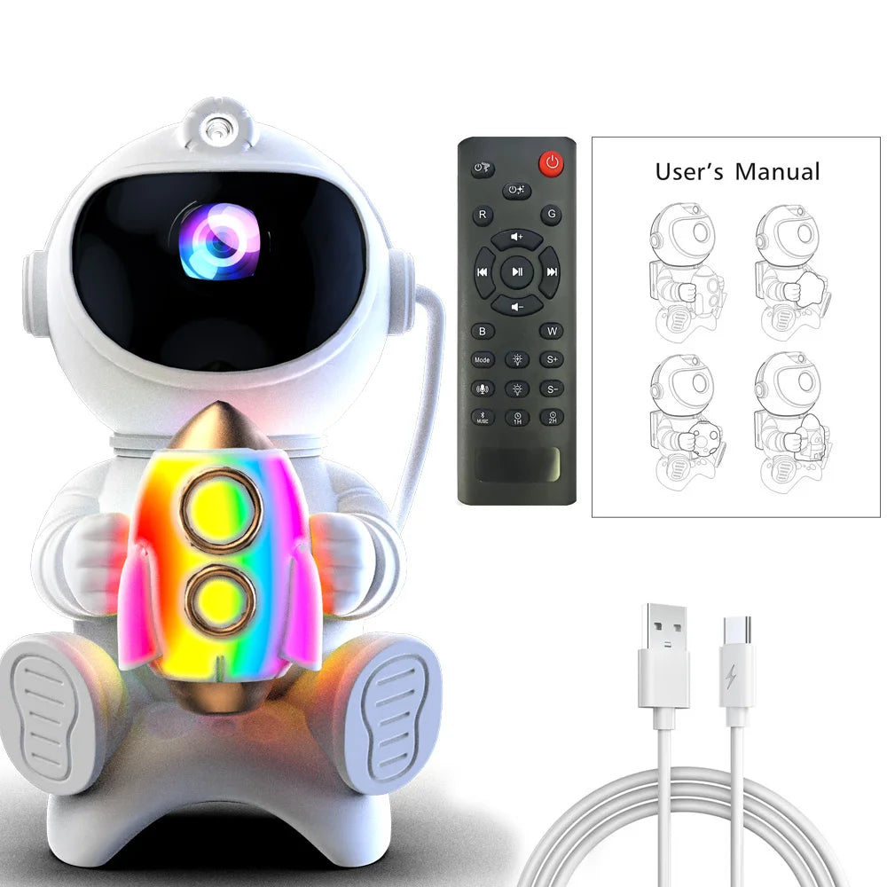 A white astronaut-shaped night light with a glowing LED star projector and a remote control.