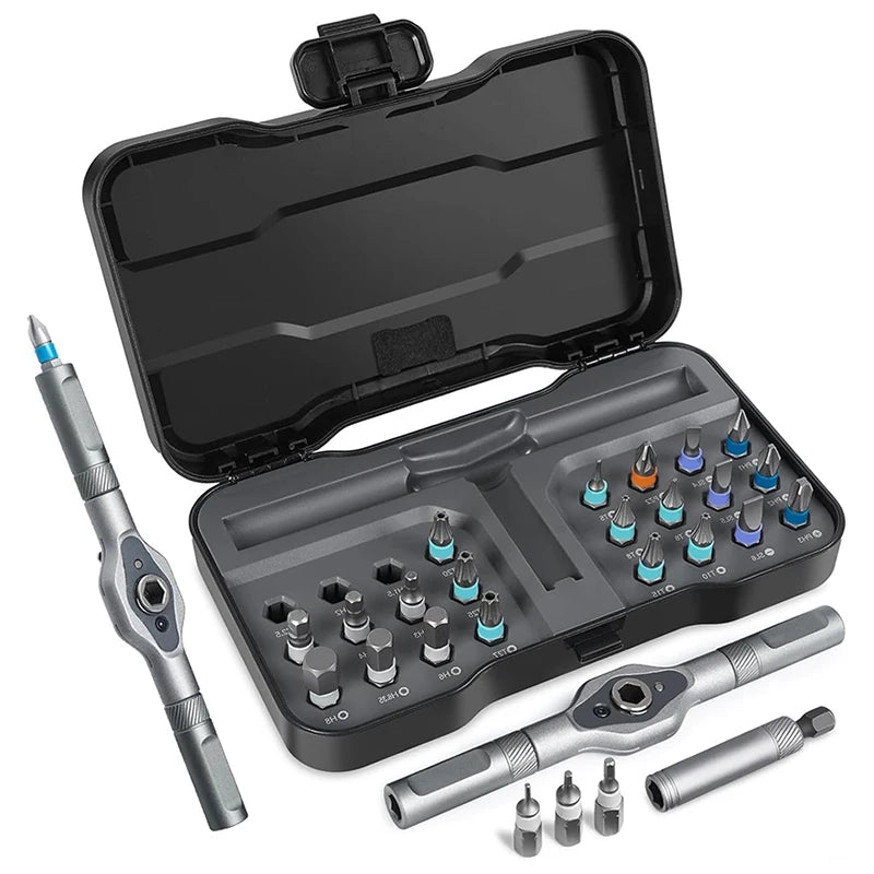 A precision multi-bit screwdriver set with a magnetic ratchet and various screwdriver bits is displayed on a dark background.