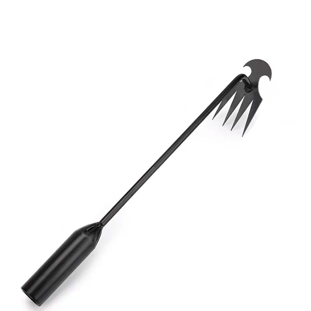 A black multifunctional hand weeder tool with a long handle and a pronged tip for gardening.