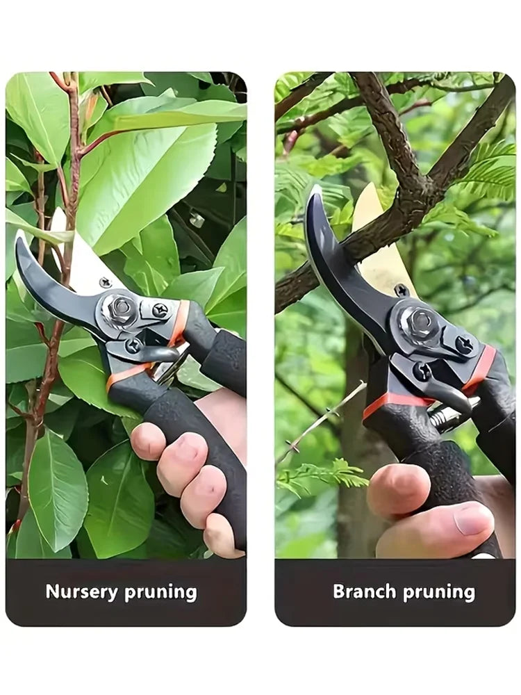Close-up images showing garden pruning shears used for nursery and branch pruning.