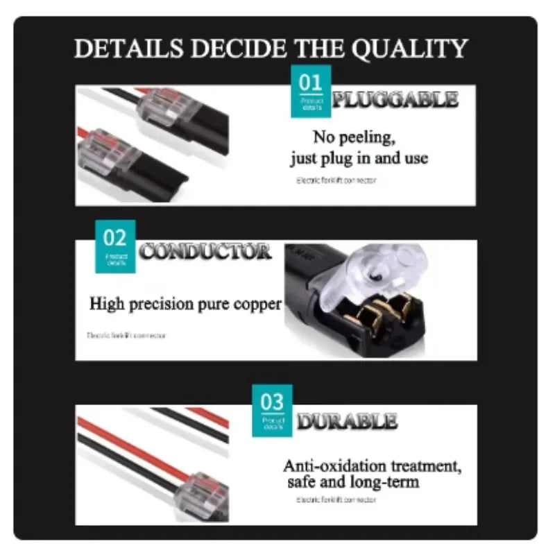 Diagram showing three details of the Universal Double-Wire LED Plug Connector: pluggable, conductor, and durable features.