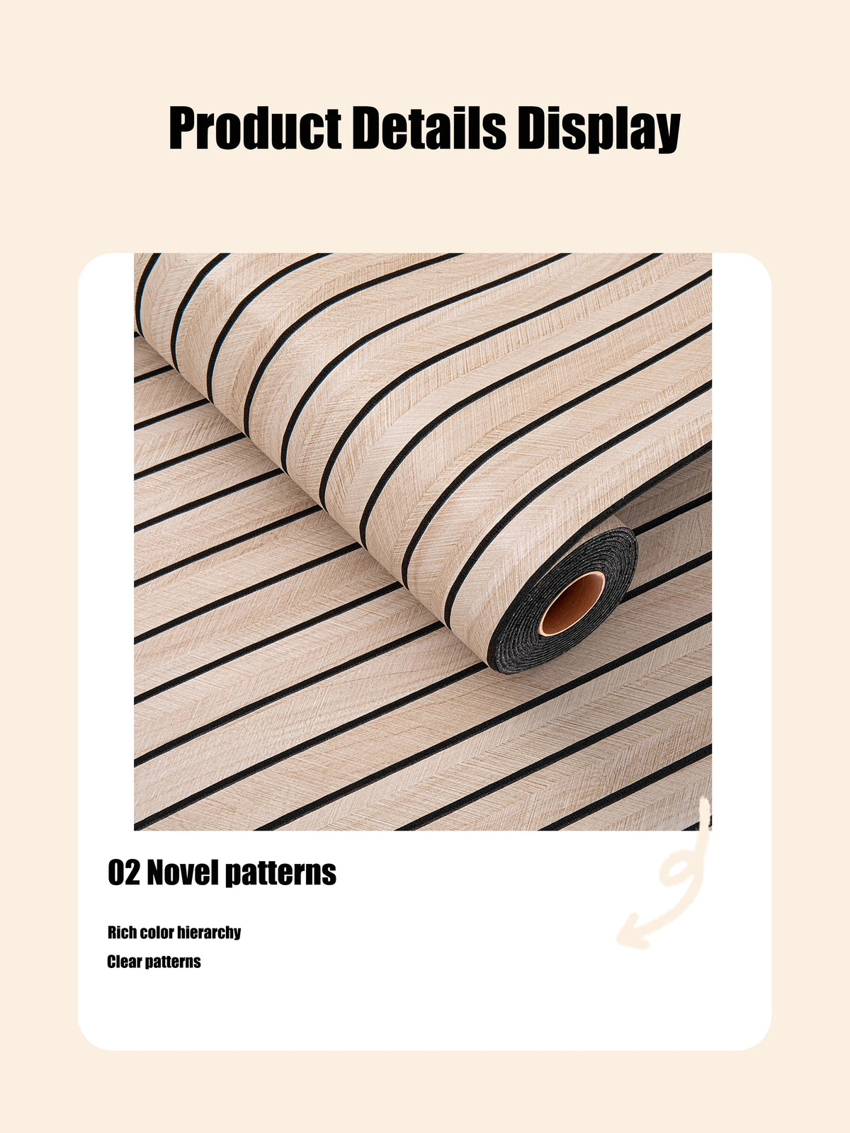 Roll of beige and black striped wallpaper showing a close-up of the pattern detail.