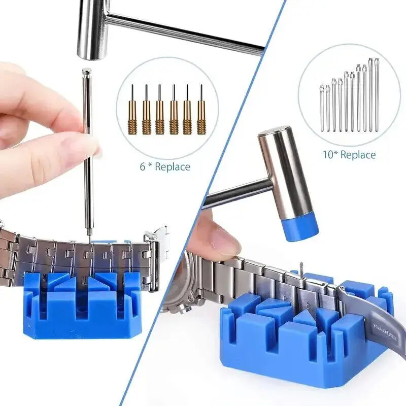 A hand is shown using a professional watch repair tool kit to replace watch pins on a watch movement.