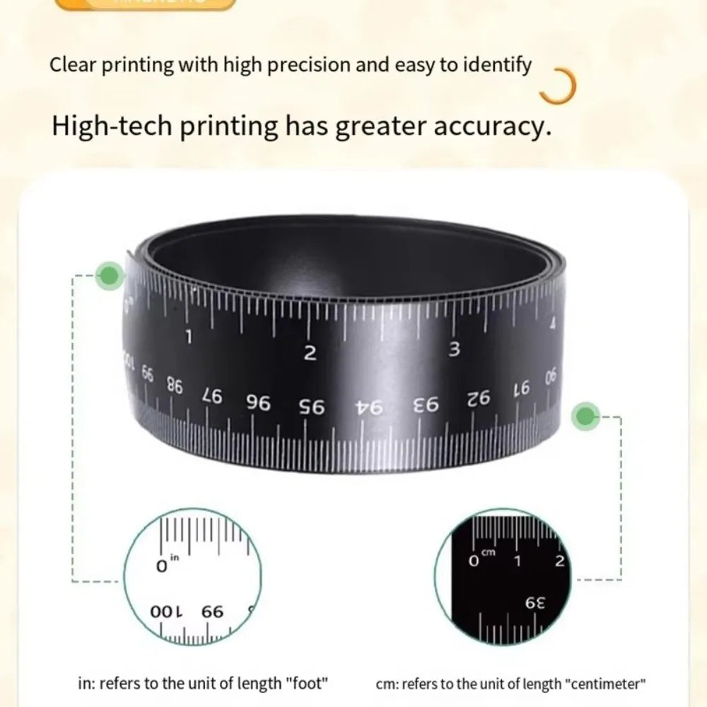 A black magnetic dual scale flexible measuring ruler showing inch and centimeter markings.