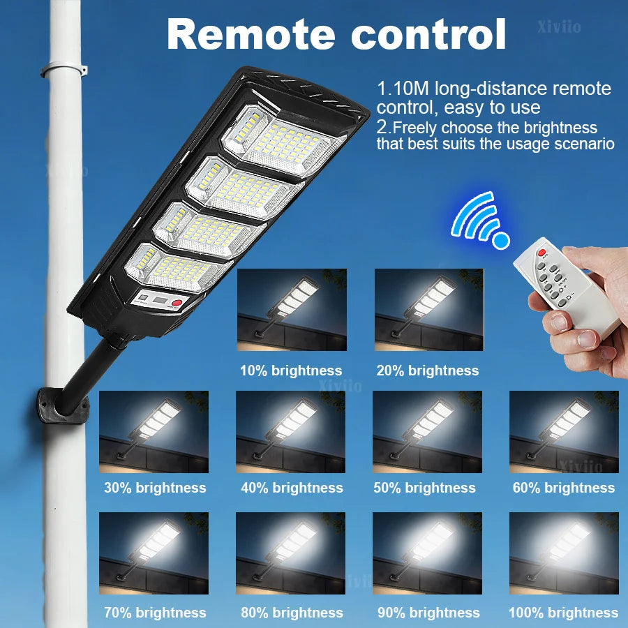 A remote control for a long-distance outdoor LED light, showing various brightness levels.