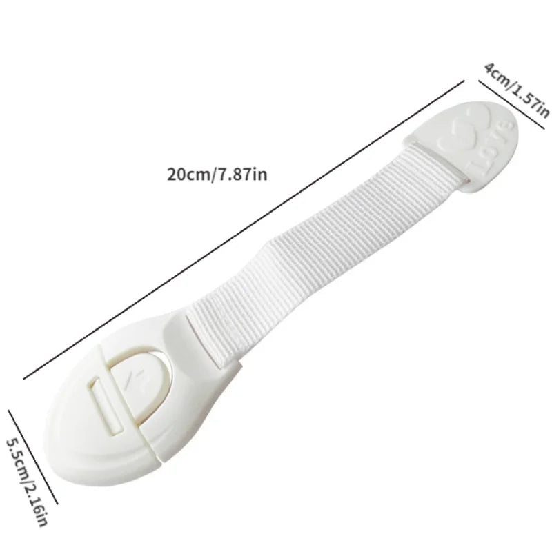 White silicone safety clips for doors and drawers shown with dimensions.