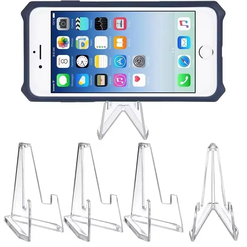 Clear acrylic display stand for holding and showcasing collectibles.