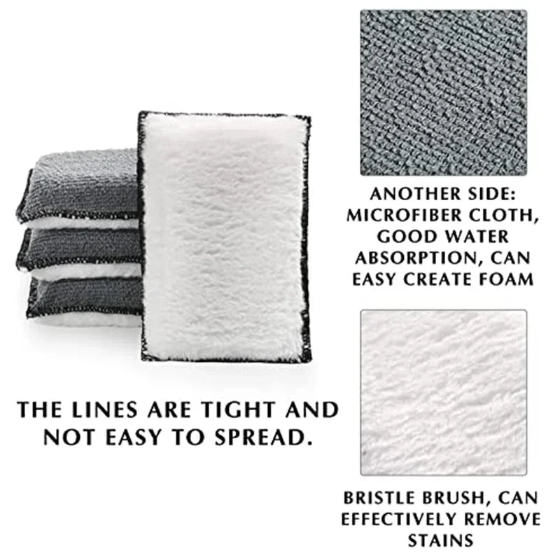 A dual-sided microfiber detailing sponge set showing a gray and white side, with text describing its features.