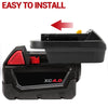Black battery adapter for Milwaukee to Dewalt tools with an easy to install label