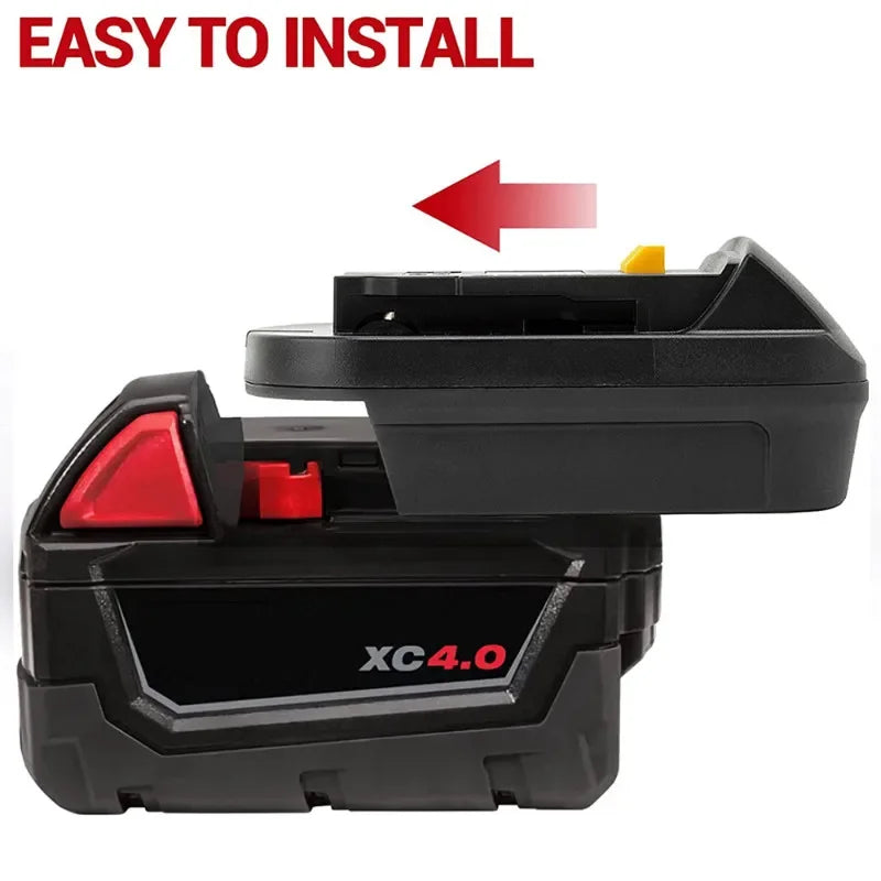 Black battery adapter for Milwaukee to Dewalt tools with an easy to install label