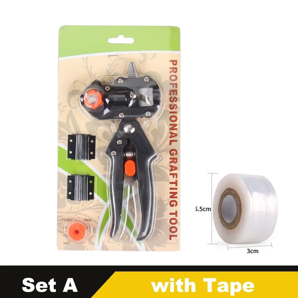 A set of professional grafting and pruning tools packaged in a green cardboard sleeve with tape.