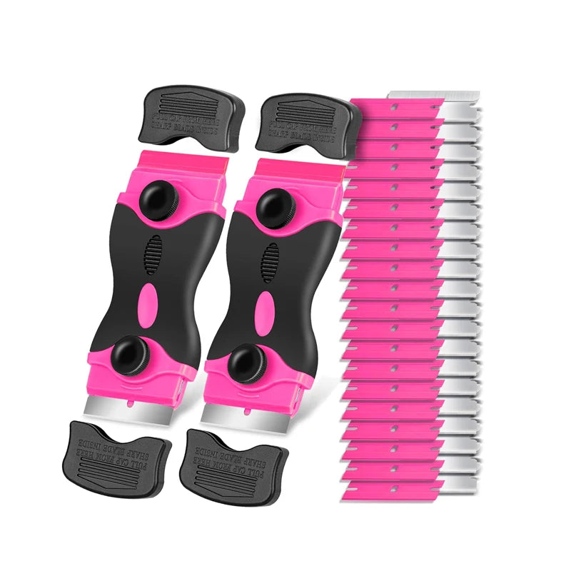A set of pink and black heavy duty double-sided razor blade scrapers for glass and coatings.