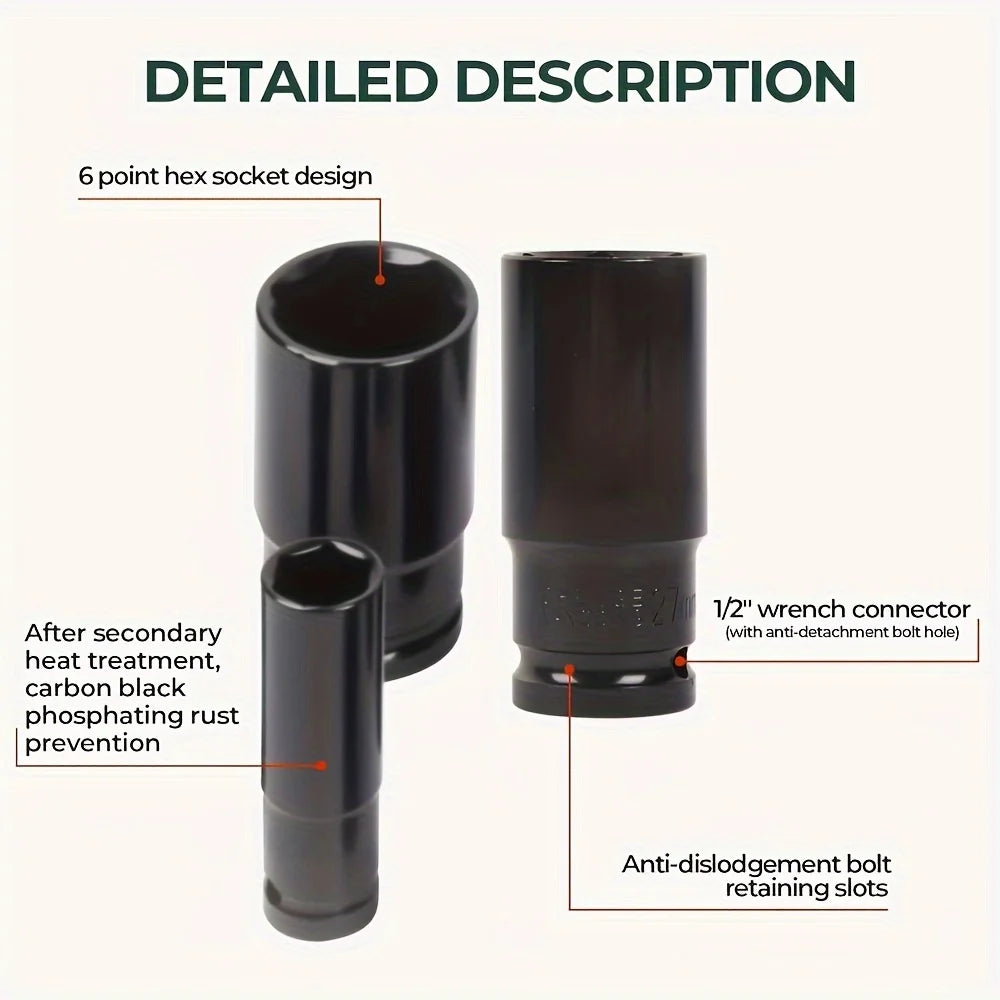 A set of black 1/2 inch drive sockets and a wrench connector for automotive and DIY repair