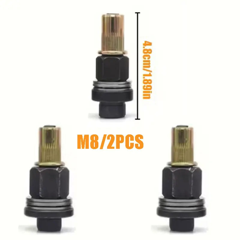 Two M8 riveting tool sets with brass tips and black bases shown vertically.