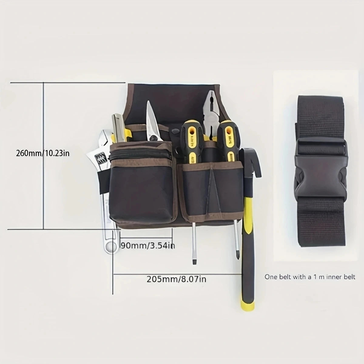 A dark brown multifunctional tool storage belt bag with a knife and various tools inside.