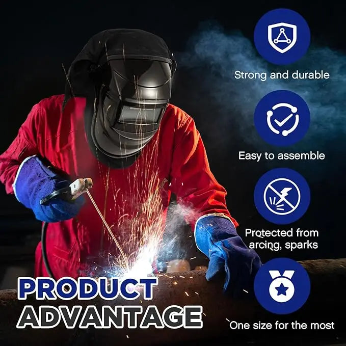Person in red shirt and blue gloves using a welded protection helmet and bib set to create sparks.
