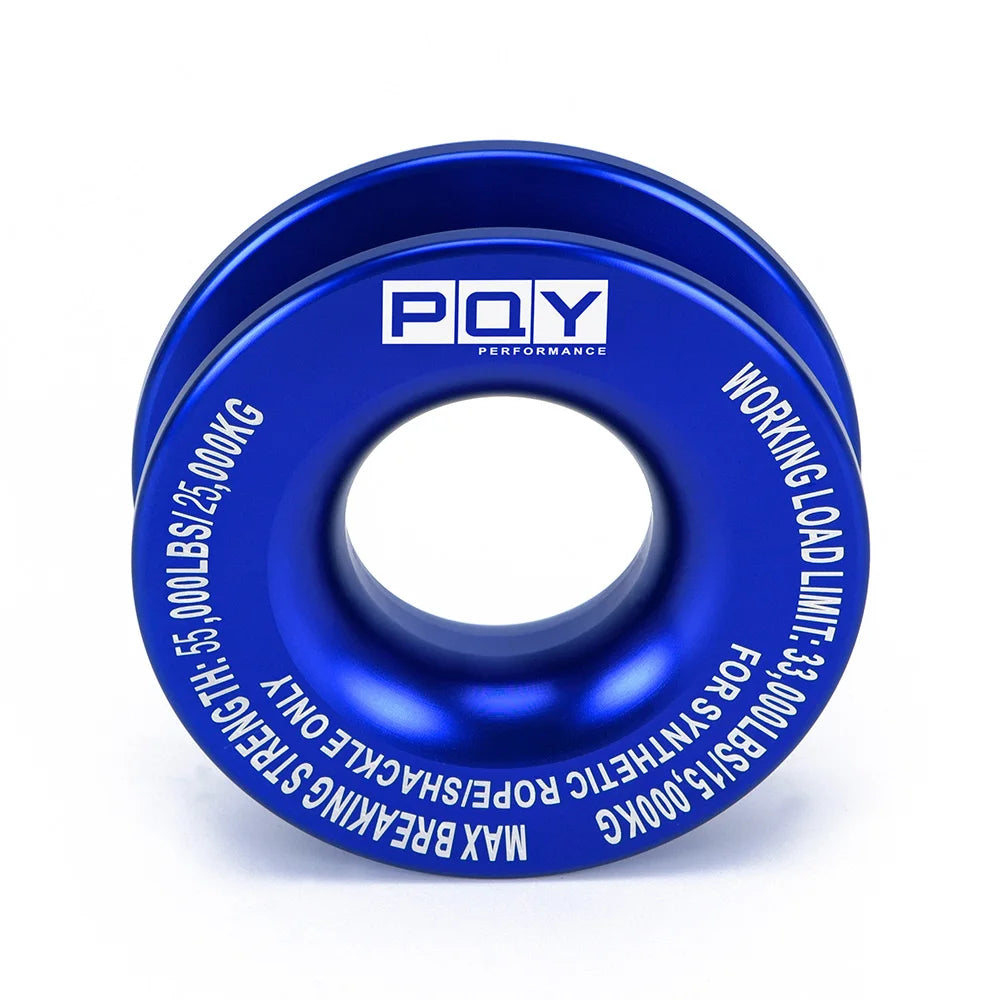 Blue heavy duty synthetic recovery shackle with a square-head design and performance marking