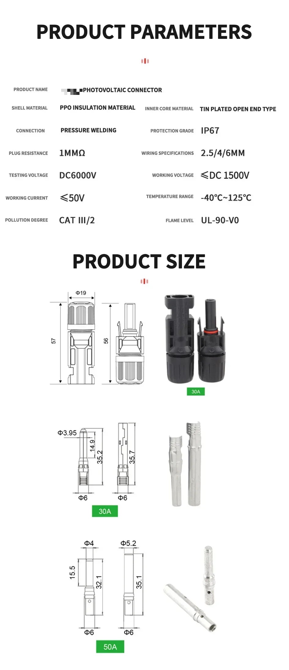 Diagrams and specifications for a photovoltaic connector kit, including various sizes and parameters.