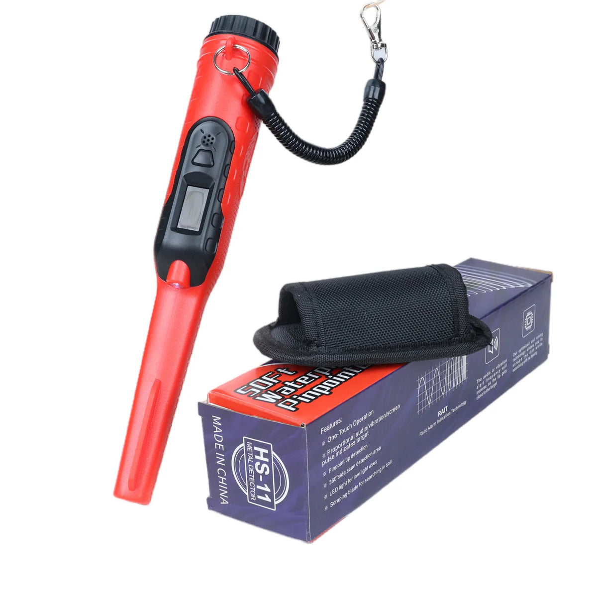 Un detector de metales profesional y a prueba de agua rojo con pinza, mango y cordón negro, junto a su caja.