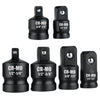 A set of black CR-MO precision socket adapters and reducers in various sizes like 3/8-1/4, 1/4-3/8, 1/2-1/4, 1/2-3/8, and 3/8