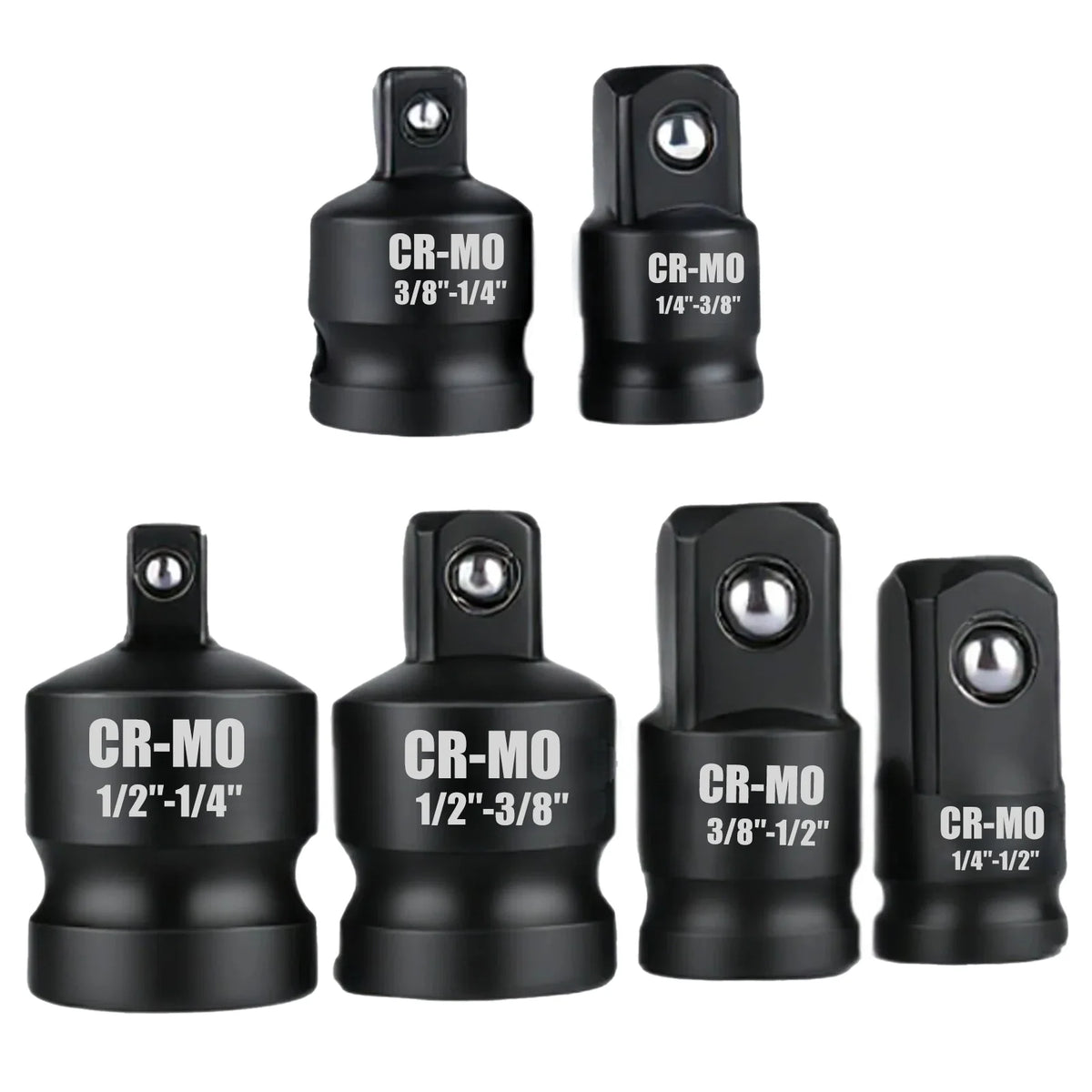 A set of black CR-MO precision socket adapters and reducers in various sizes like 3/8-1/4, 1/4-3/8, 1/2-1/4, 1/2-3/8, and 3/8
