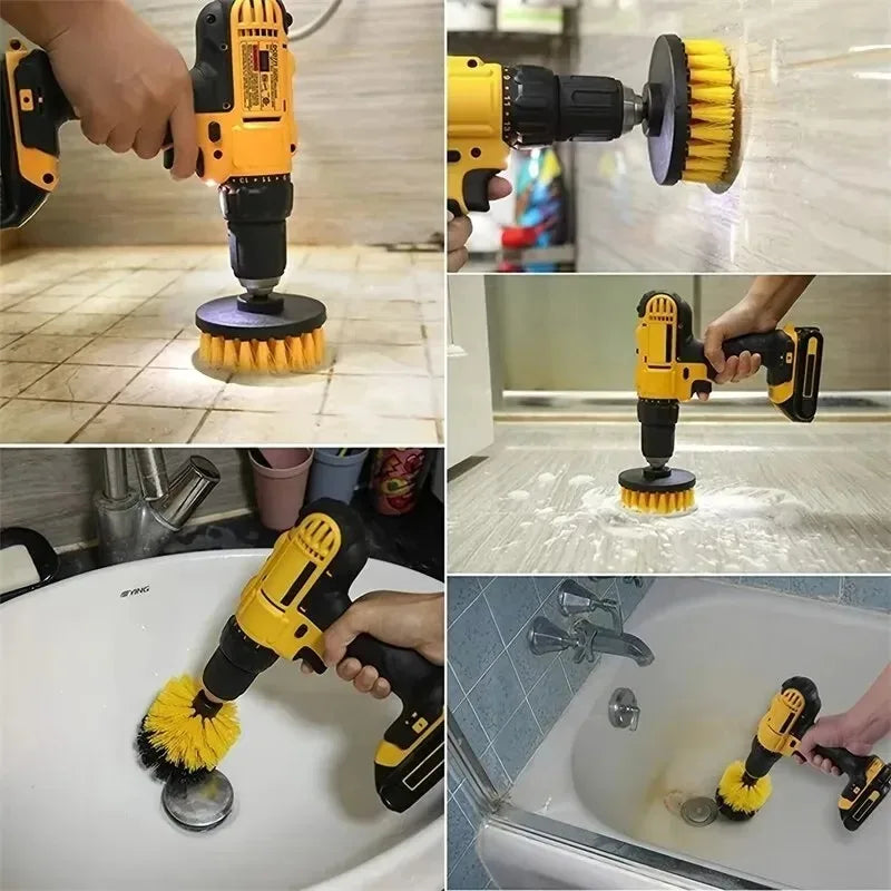Un jeu de trois brosses à perceuse jaune et noir pour nettoyer en profondeur diverses surfaces comme le verre et la porcelain