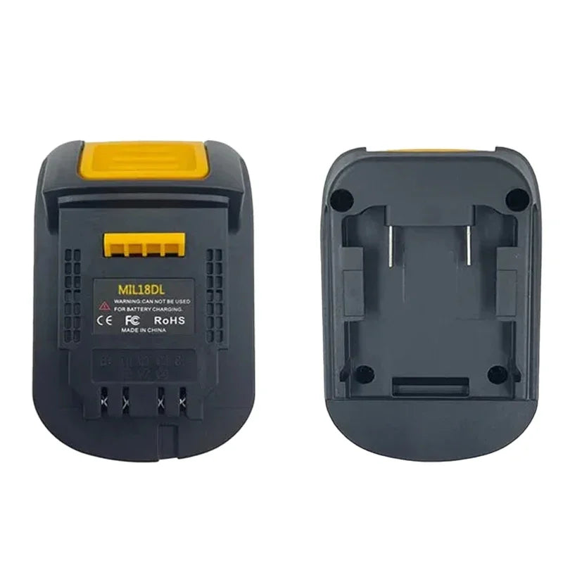 A black battery adapter with an orange top, labeled MIL18DL and RoHS certification.
