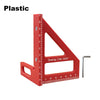 Red plastic drawing line ruler with a protractor angle and a metal ruler extension.