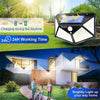 A solar motion sensor security light is shown with daytime charging capabilities and a bright light illuminating a home entra