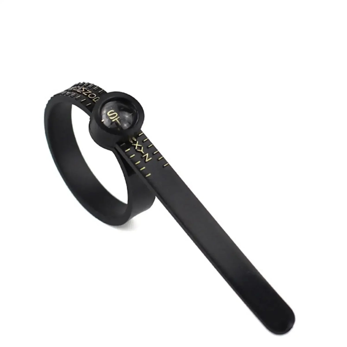 A black precision ring sizer with a magnifier and adjustable ring size markings.
