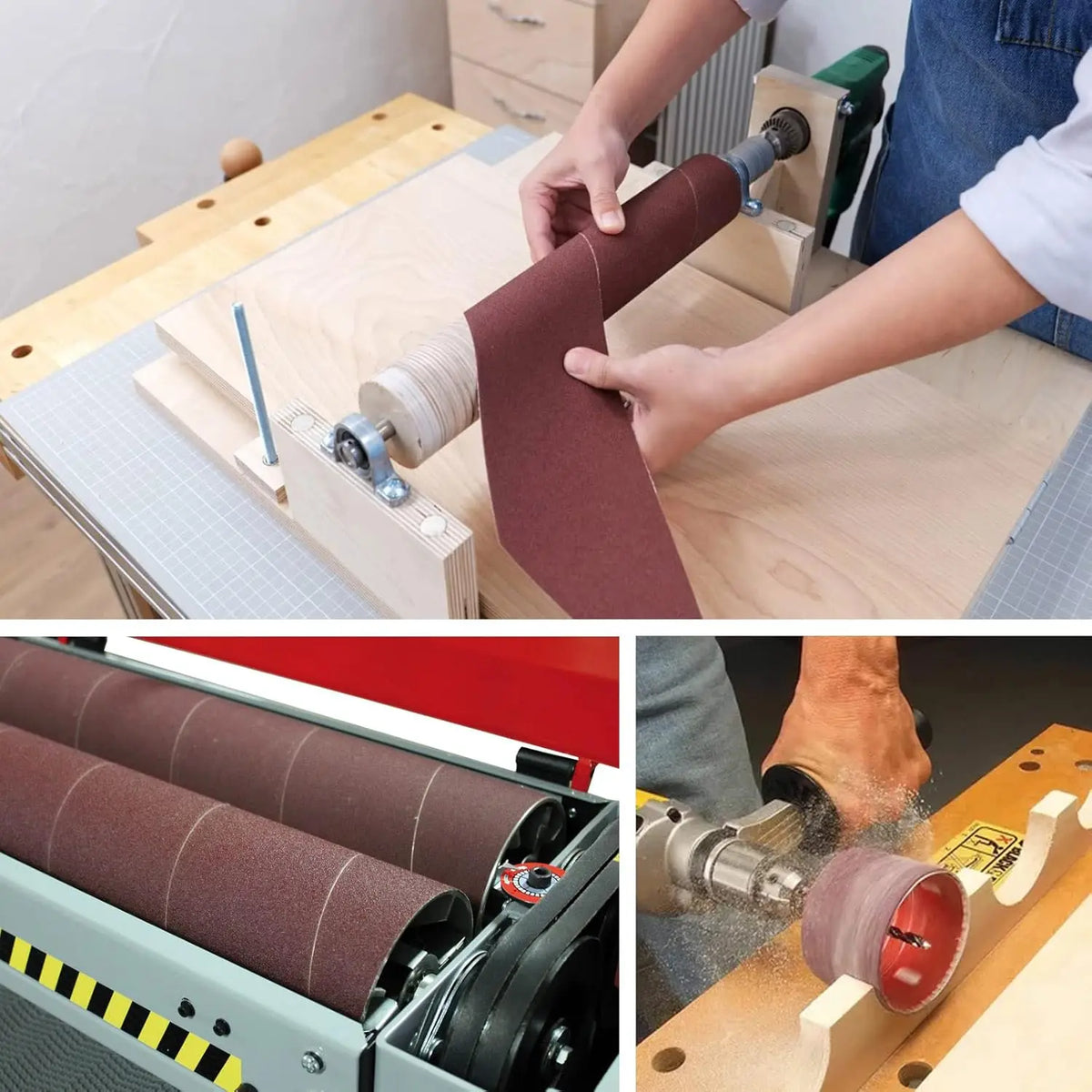 Hands are rolling aluminum oxide sandpaper onto a piece of wood for sanding or finishing work.