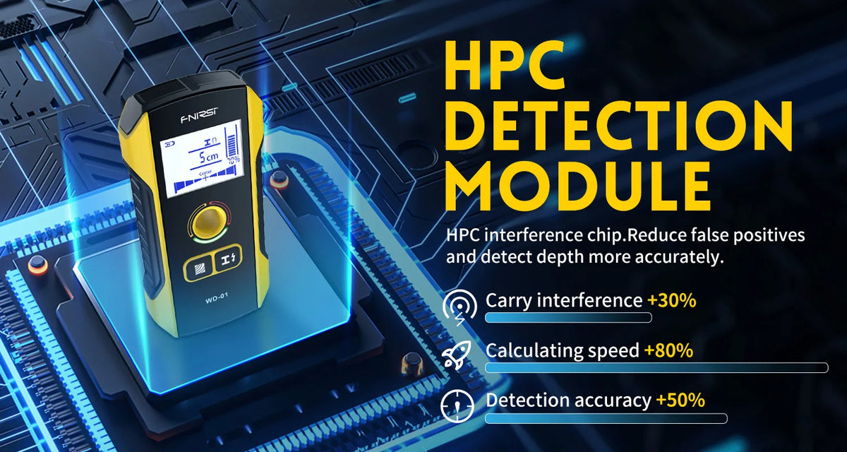 An HPC detection module device with a yellow and black casing is shown on a circuit board context.