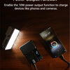 A mini LED light kit and a smartphone are shown on a wooden surface with text describing the power output function.