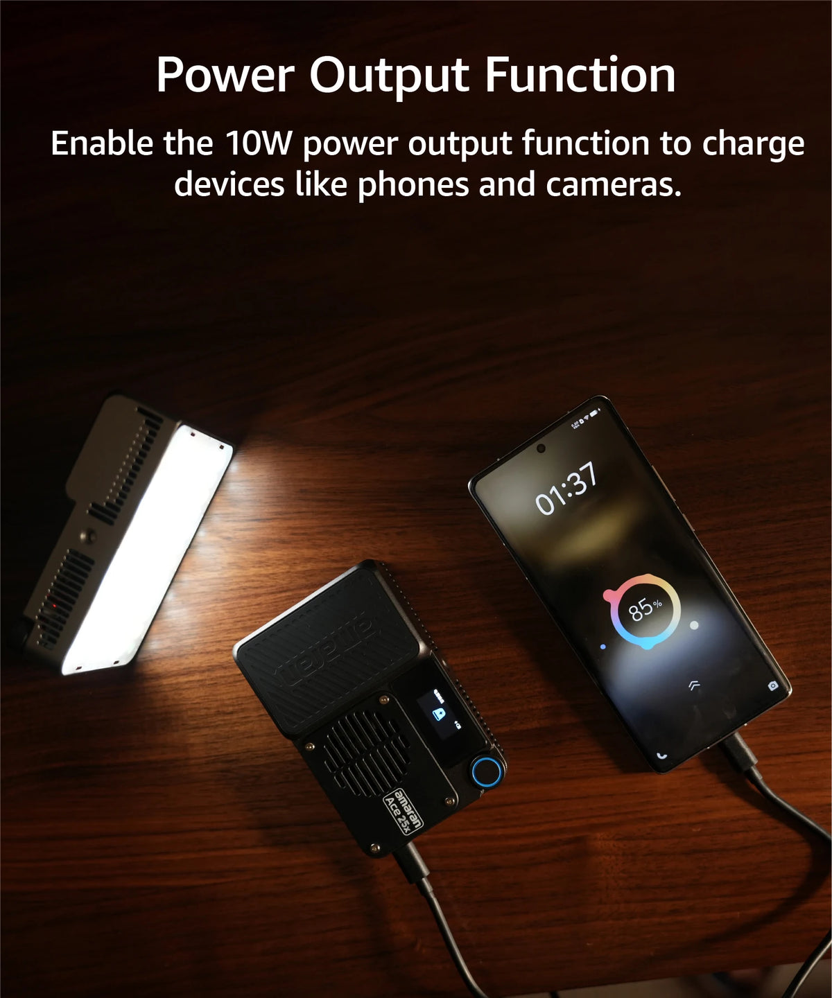 A mini LED light kit and a smartphone are shown on a wooden surface with text describing the power output function.