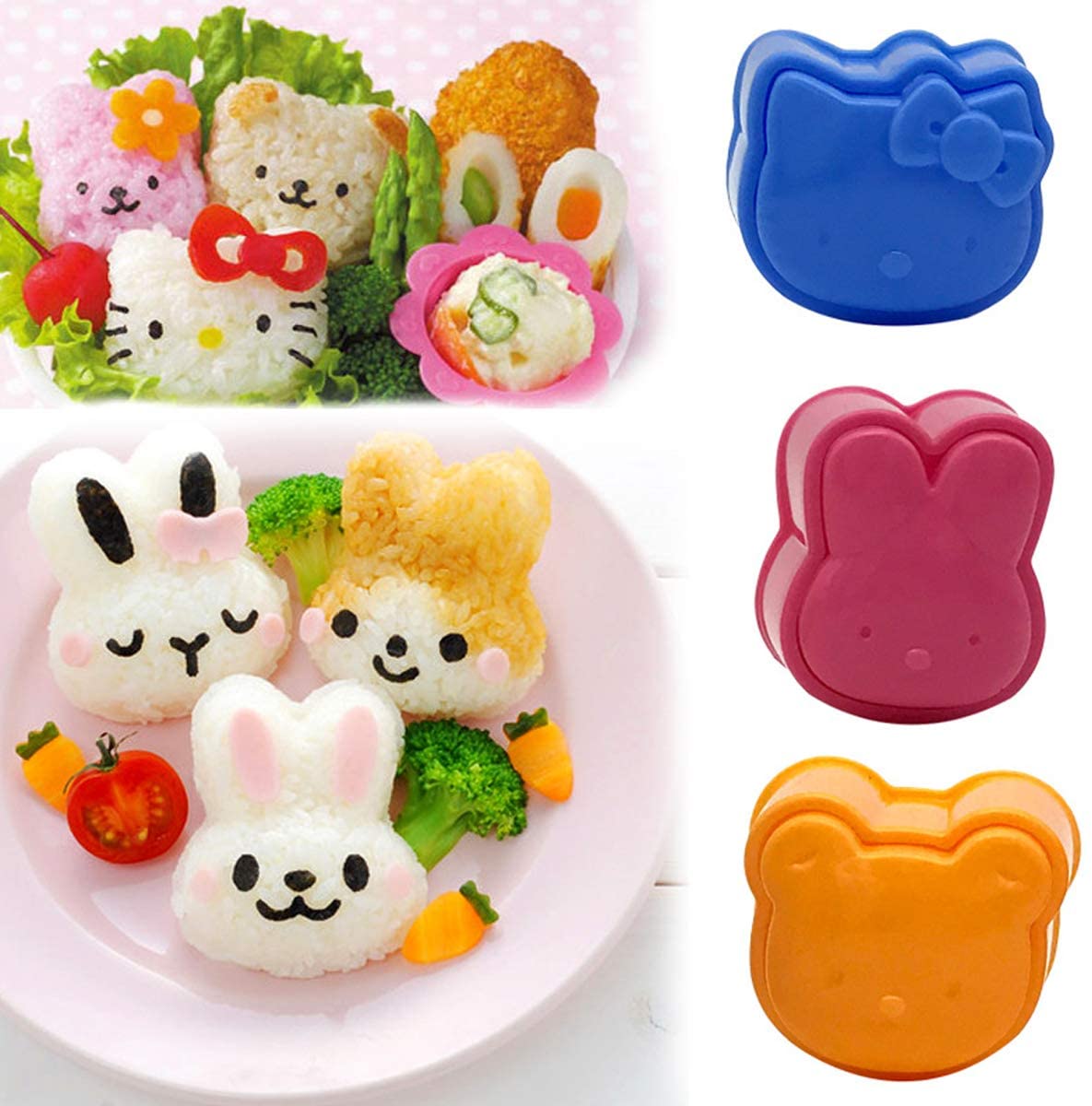Set rosa, orange und blau Silikonformen und ein Reisball-Schüttler zum Formen niedlicher Tierfiguren.