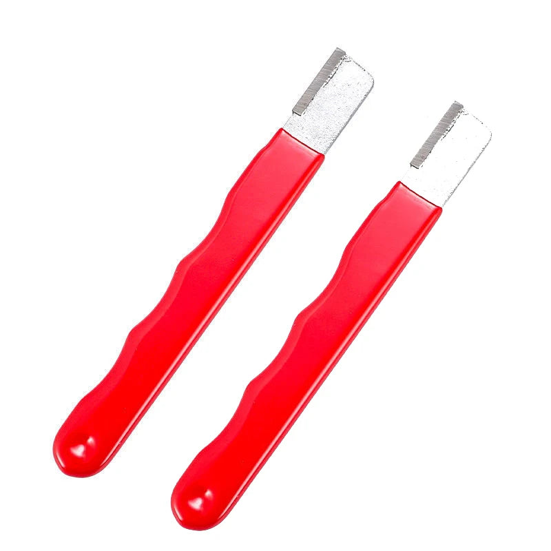 A pair of red multi-purpose knife and shears sharpening stones with silver blades.