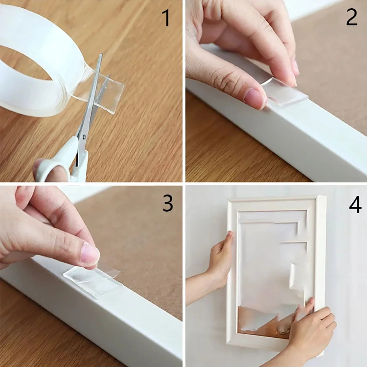 Four panels showing the application of heavy duty double-sided mounting tape for various purposes.