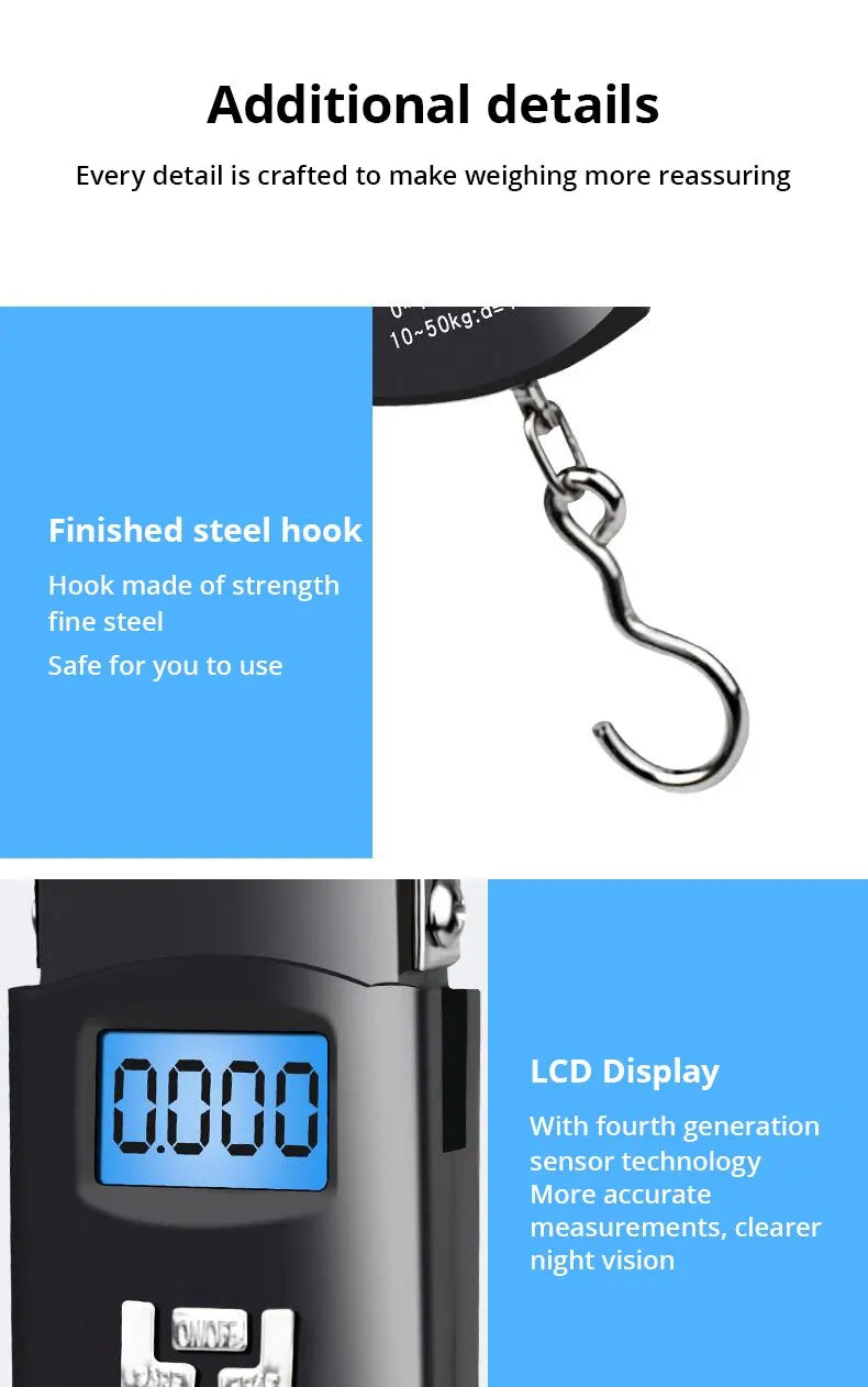 Close-up of a portable digital luggage scale showing 0.000 and a finished steel hook detail.