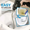 A hand uses a spring-loaded drain cleaning tool with a drill adapter to unclog a sink pipe.
