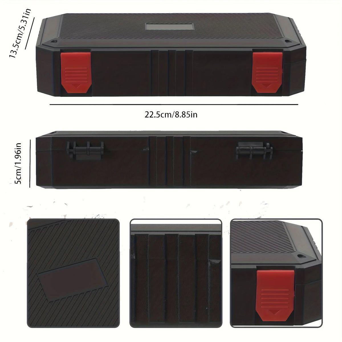 Boîte de rangement pour munitions multi-calibres durable, vue sous différents angles et dimensions.