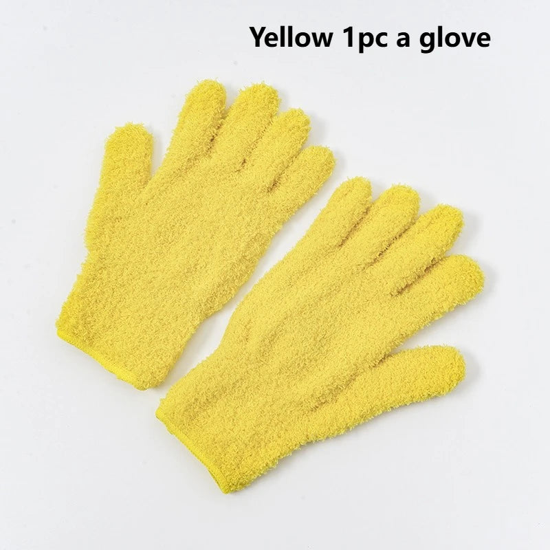 A pair of yellow microfiber dusting gloves shown flat, with text indicating one glove per pair.