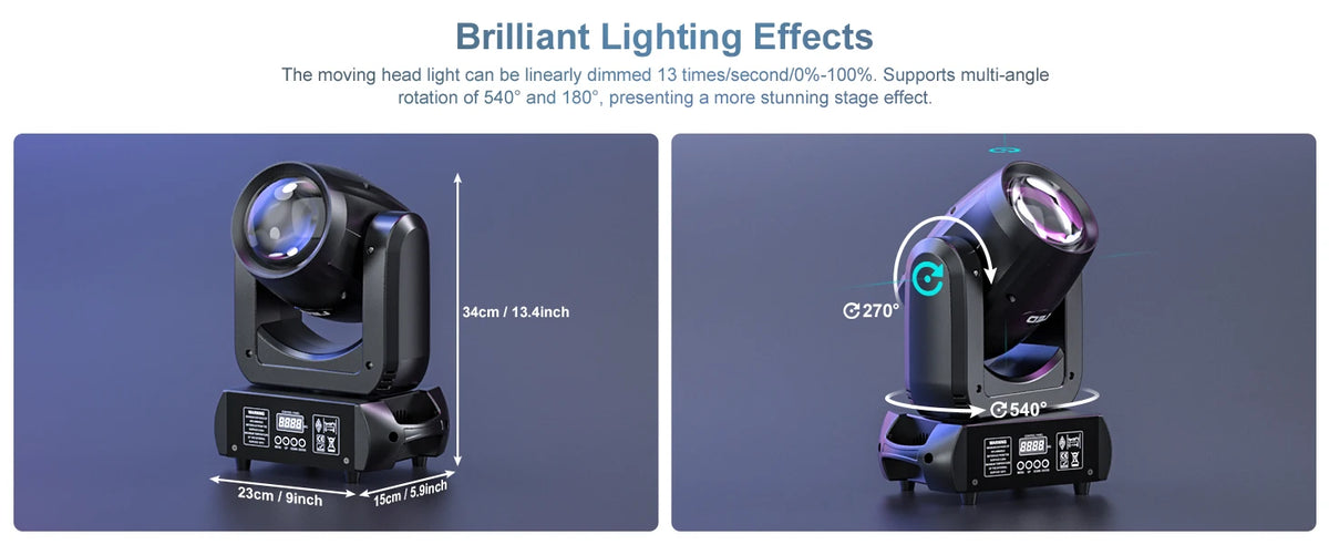 A professional DMX moving head light is shown with various angles and dimming capabilities for stage use.