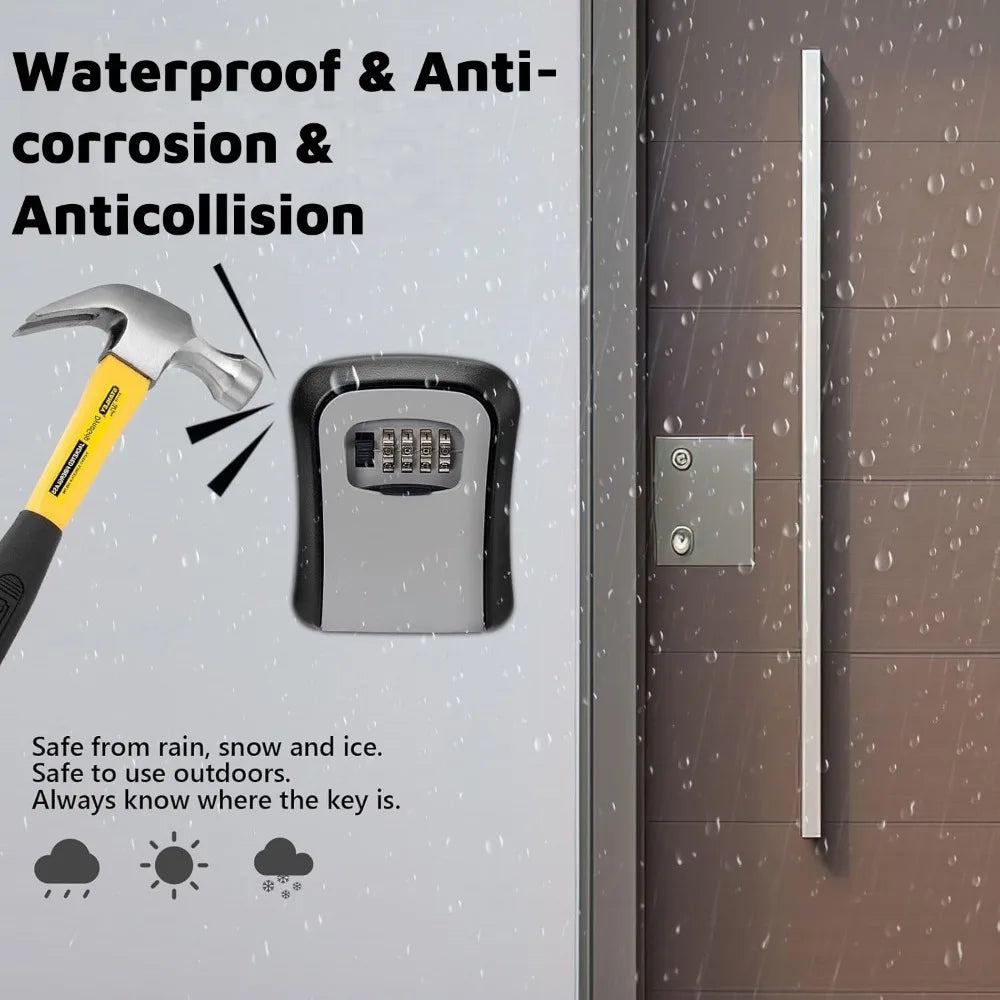 A wall-mounted security key lock box is shown with text highlighting its waterproof and anti-corrosion features.