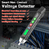 A black digital non-contact voltage detector pen is shown inspecting electrical wiring in a technical environment.