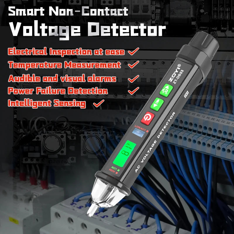A black digital non-contact voltage detector pen is shown inspecting electrical wiring in a technical environment.
