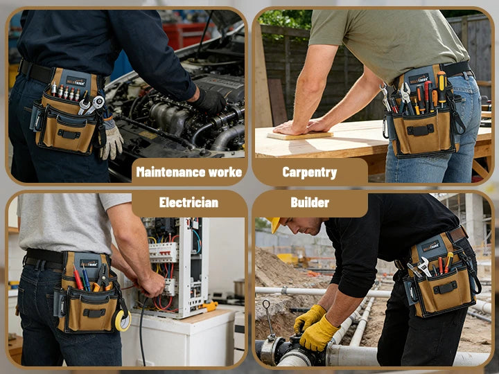 Four panels showing various tradespeople using durable multi-pocket tool organizer pouches for maintenance, carpentry, electr